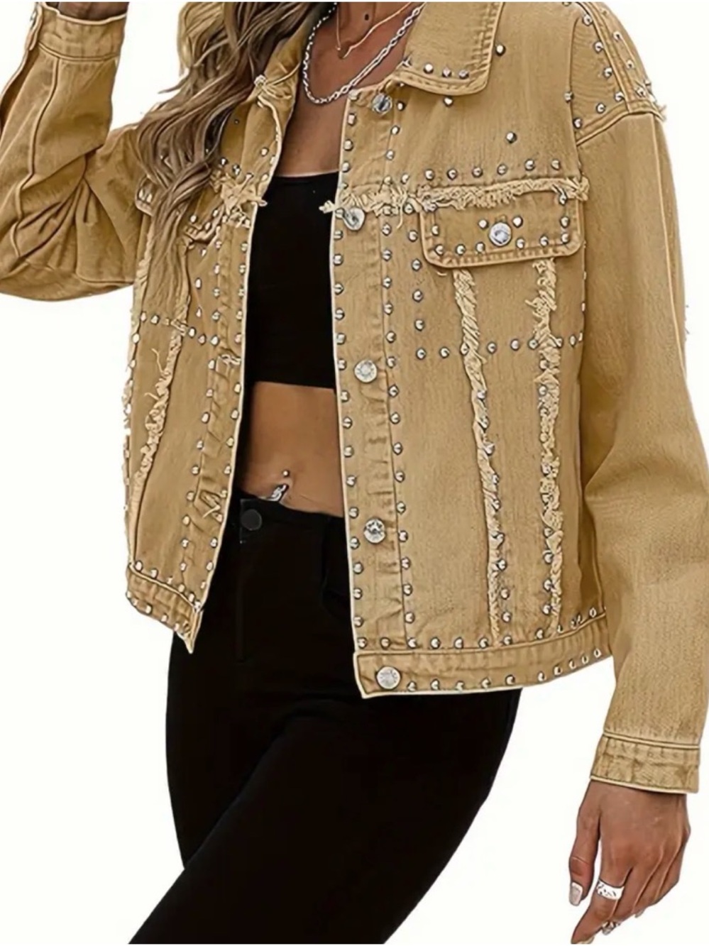 Beige Studded Denim Jacket - Women Size Small - Picture 7 of 8